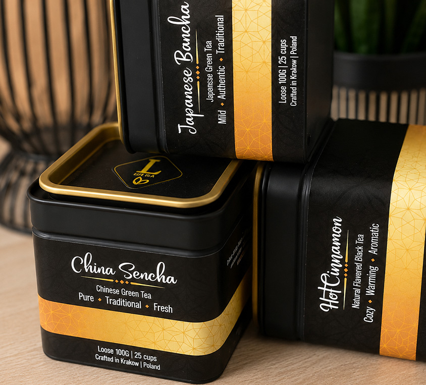 China Sencha Leo Tea – elegancka puszka, doypack i kubek prezentowy